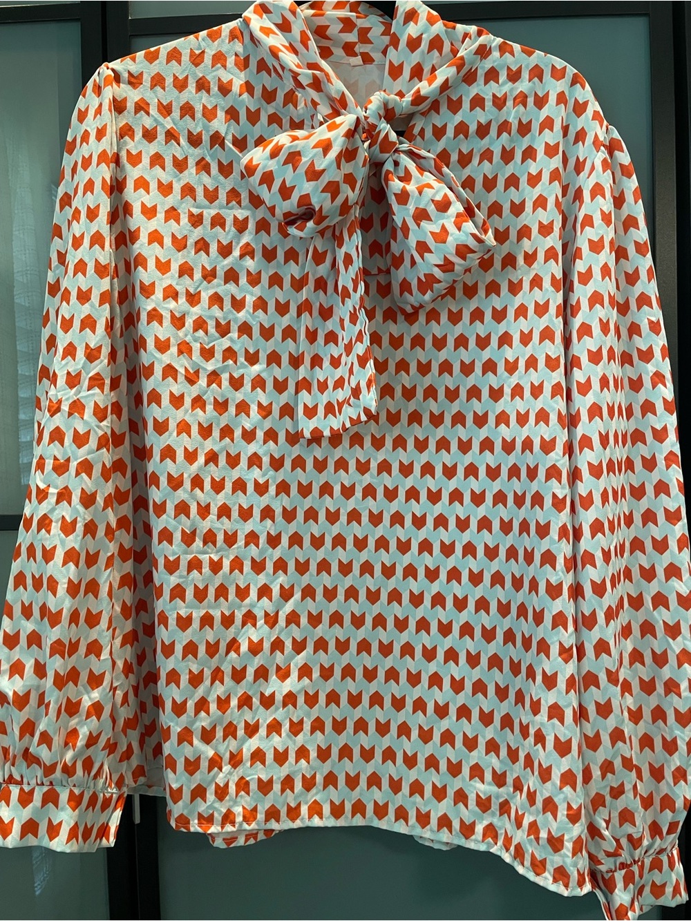 The cutest SHEIN Orange, light blue and Cream Geo Tie-Neck Blouse